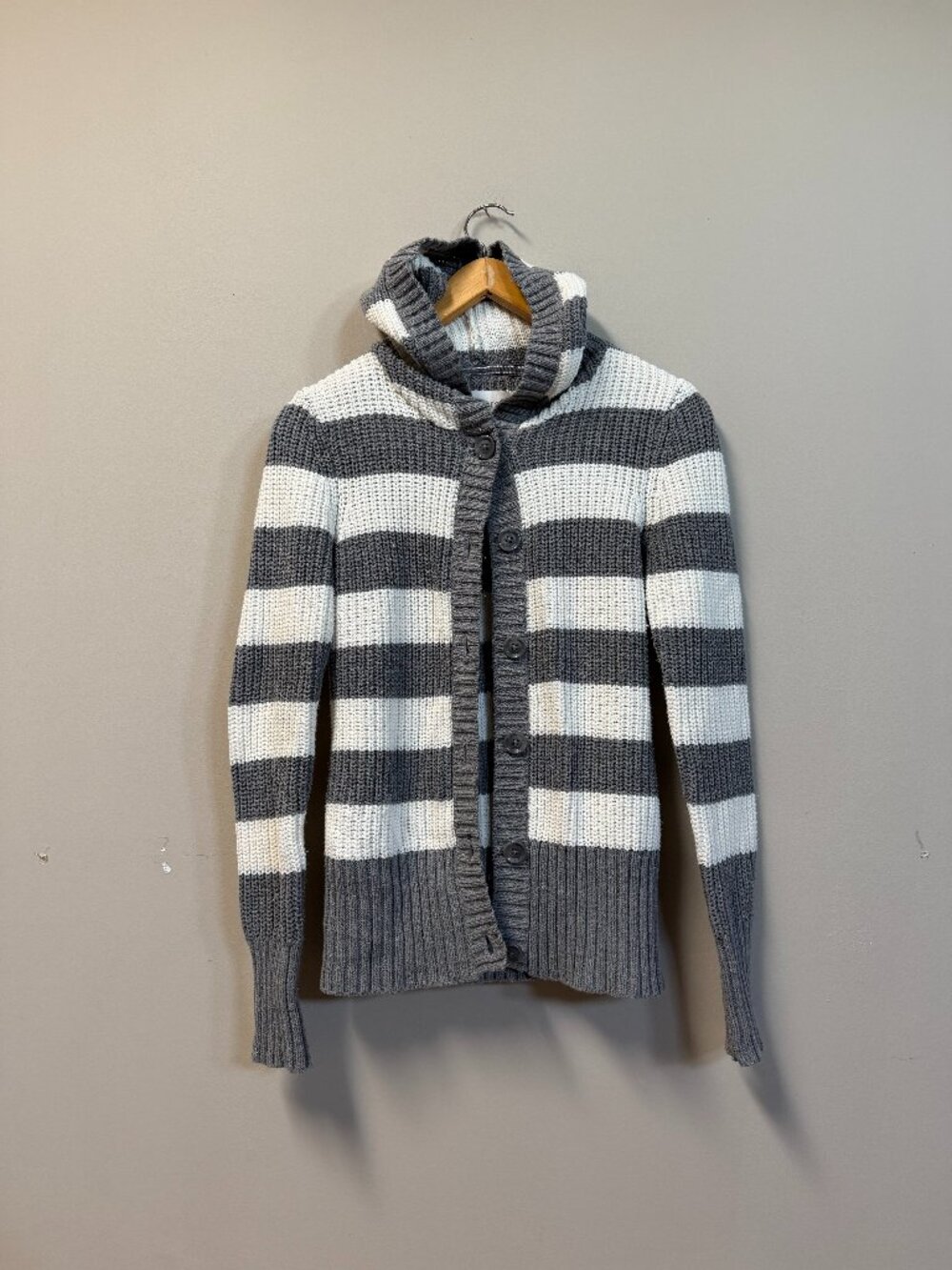 Aeropostale Gray White Striped Hooded Cardigan Button Up Medium Y2K